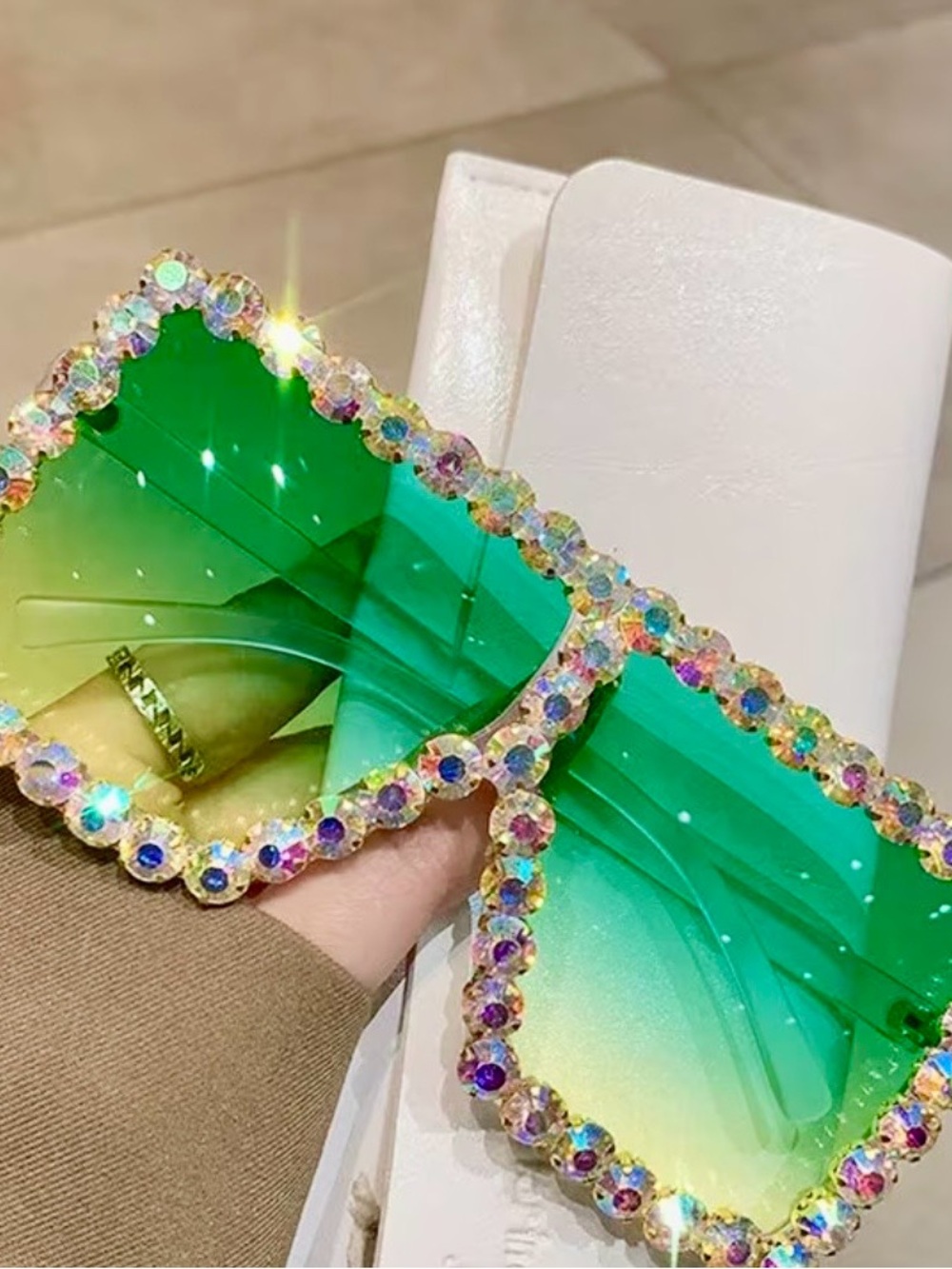 Iridescent Crystal-Embellished Square Sunglasses - Blue Gradient